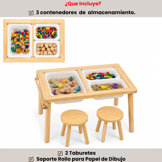 Mesa Infantil Sensorial Montessori Con 2 Sillas Y 3 Contenedores Extraibles