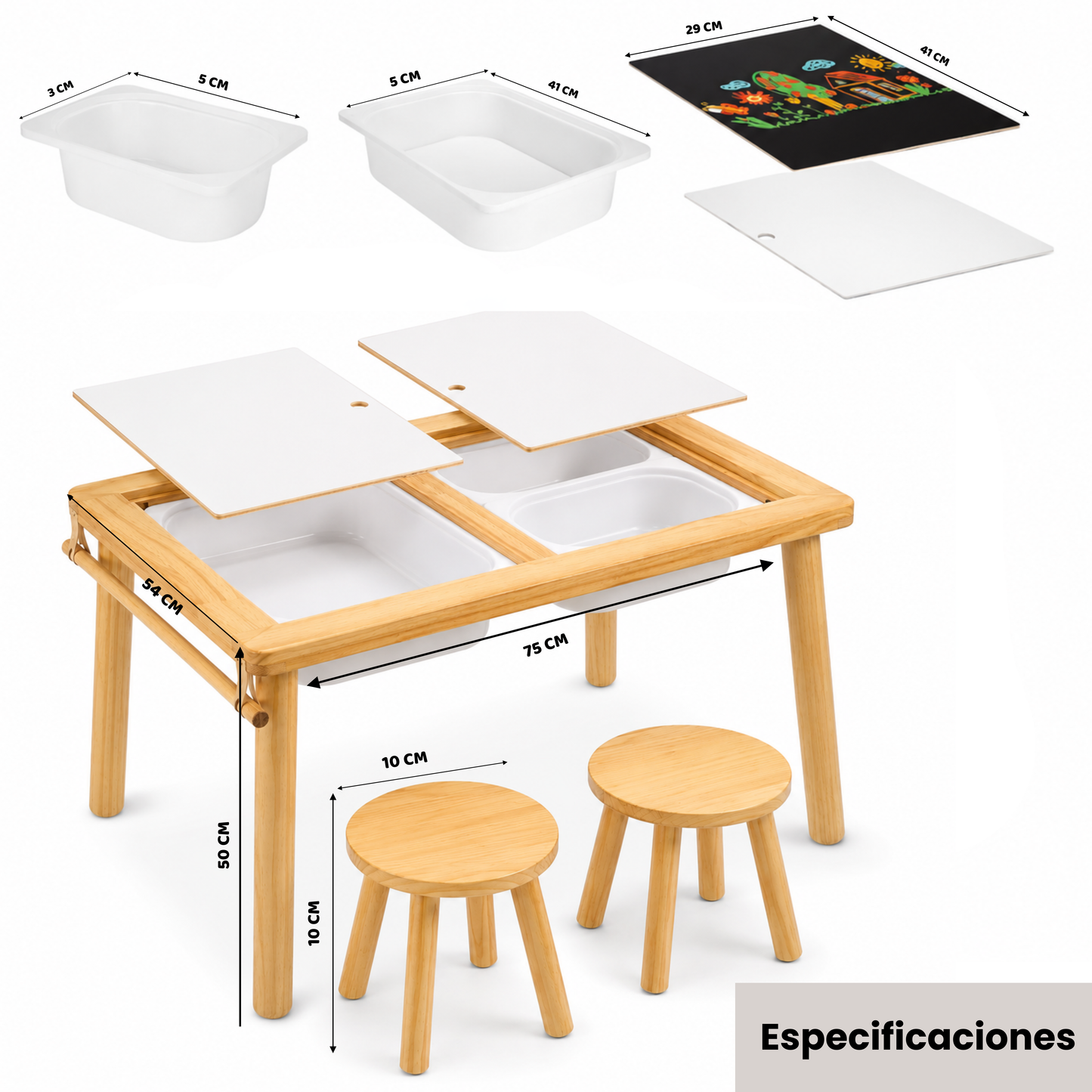 Mesa Infantil Sensorial Montessori Con 2 Sillas Y 3 Contenedores Extraibles