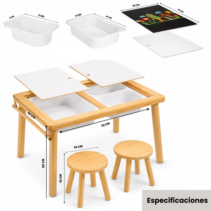 Mesa Infantil Sensorial Montessori Con 2 Sillas Y 3 Contenedores Extraibles