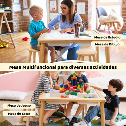 Mesa Infantil Sensorial Montessori Con 2 Sillas Y 3 Contenedores Extraibles